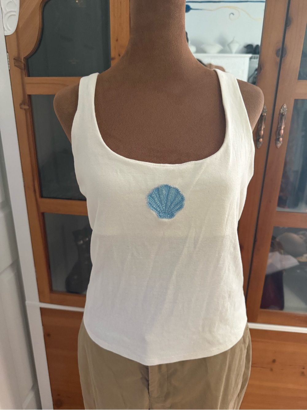 White Tank Top with Blue Shell Beaded Embroidery